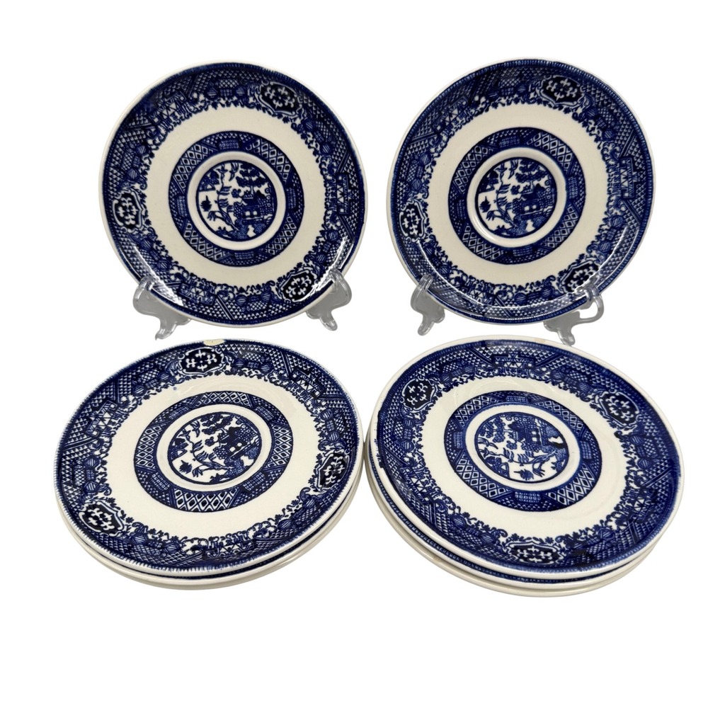 Vintage Blue Willow Saucers Set of 8 Blue White Transferware Tea Plates 6" Chips